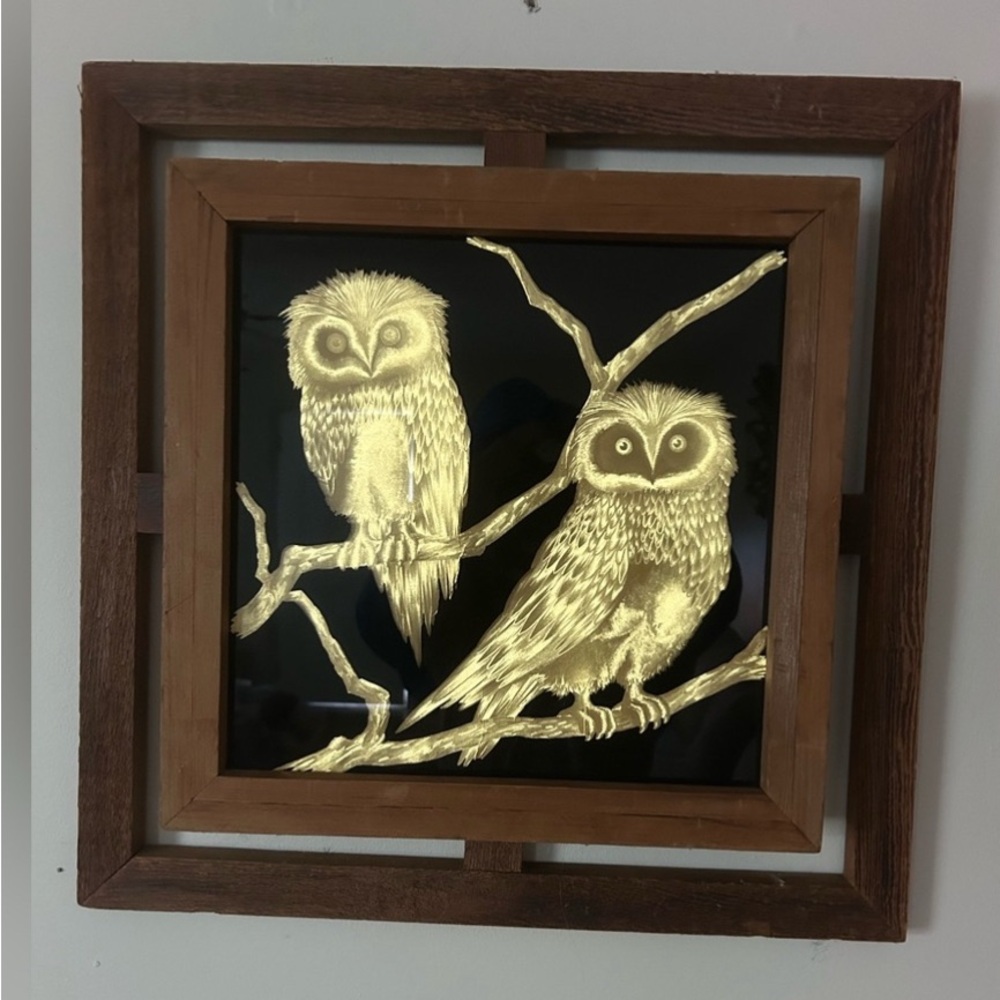 Large Vintage Gold Foil Owl Wall Art W/ Custom Wood Frame - Picture 3 of 3